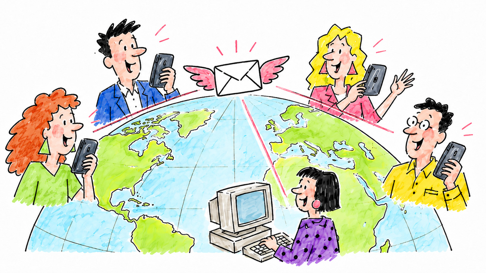 Illustration of people communicating across the world through digital media